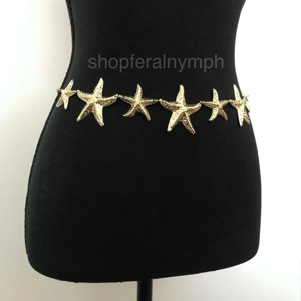 Gold Starfish Mermaidcore Beachy Chain Belt, Fits 22-42.5 Inches, X7GA1246